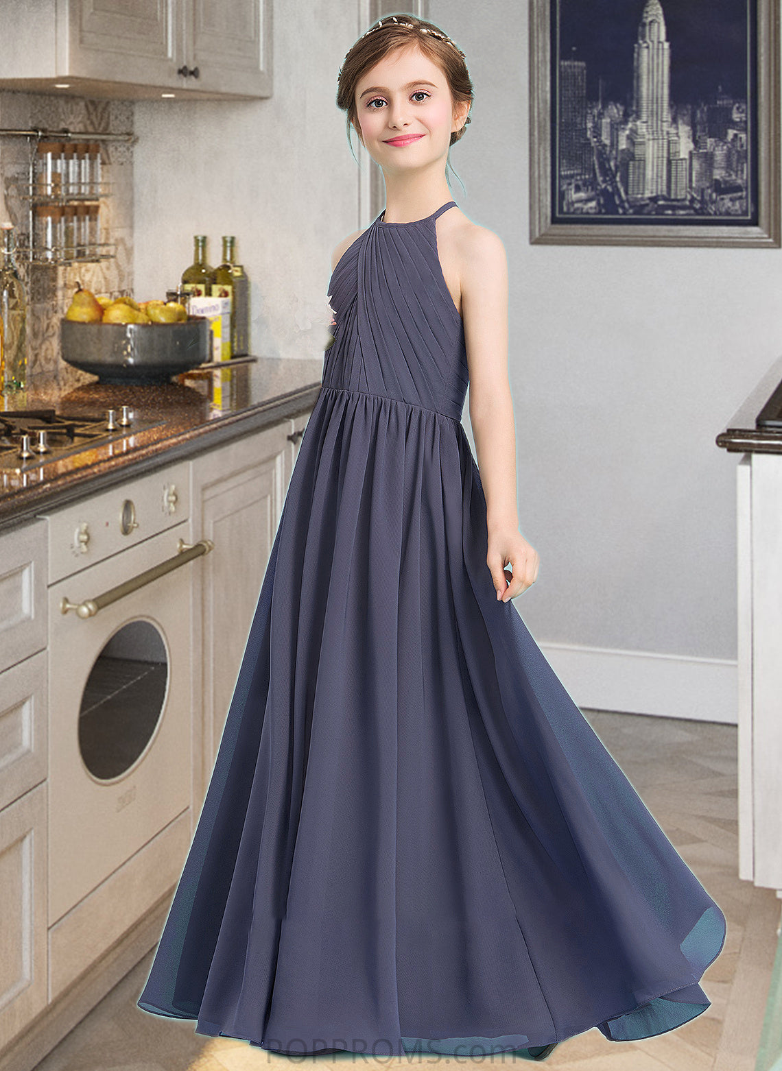 Kristina A-Line Scoop Neck Floor-Length Chiffon Junior Bridesmaid Dress With Ruffle PP6P0013516