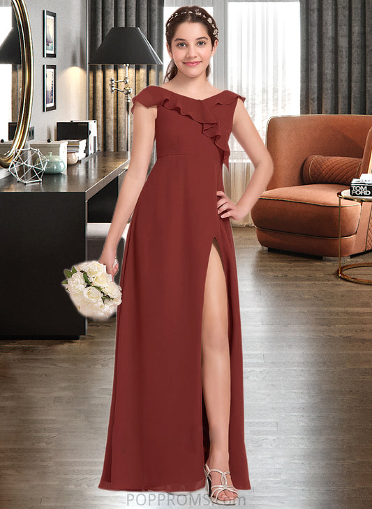 Isabell A-Line V-neck Floor-Length Chiffon Junior Bridesmaid Dress With Split Front Cascading Ruffles PP6P0013517