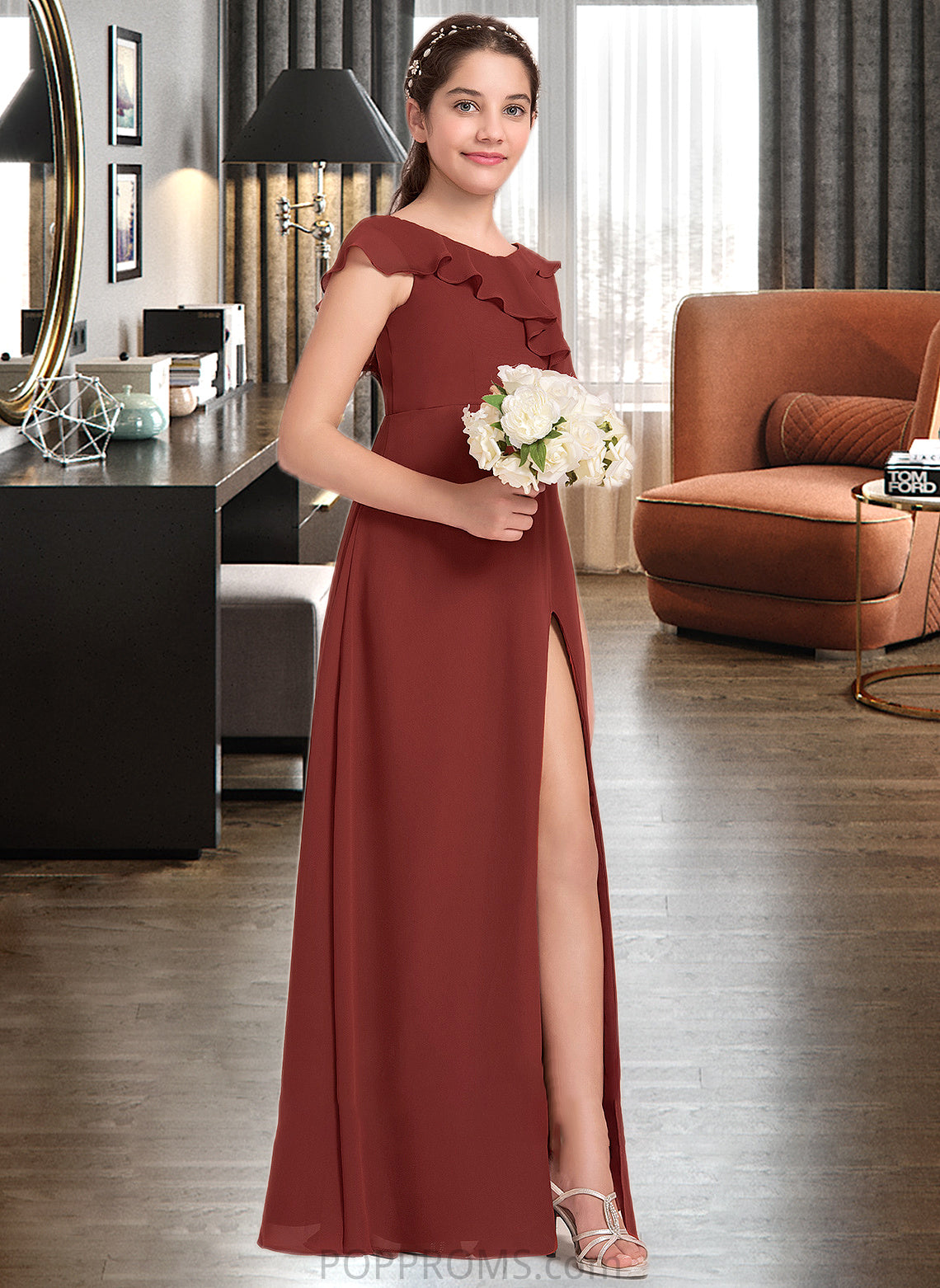 Isabell A-Line V-neck Floor-Length Chiffon Junior Bridesmaid Dress With Split Front Cascading Ruffles PP6P0013517