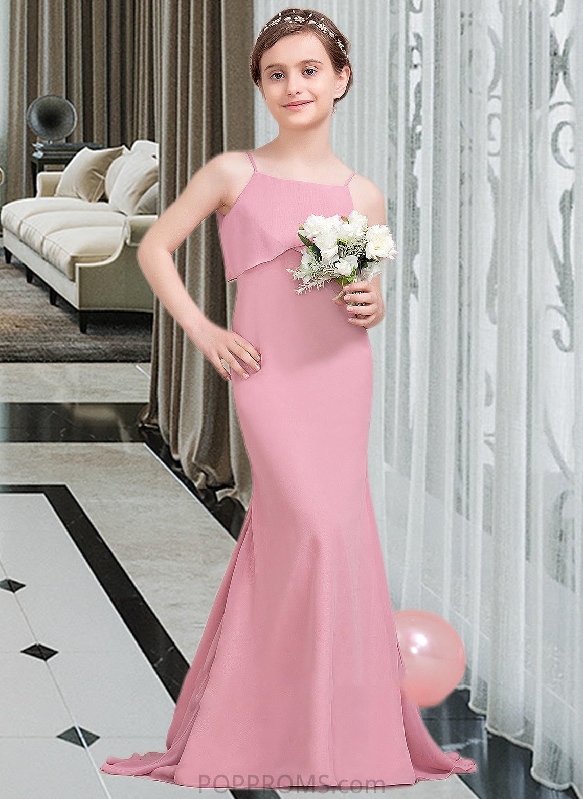 Leyla Trumpet/Mermaid Square Neckline Sweep Train Chiffon Junior Bridesmaid Dress With Cascading Ruffles PP6P0013518