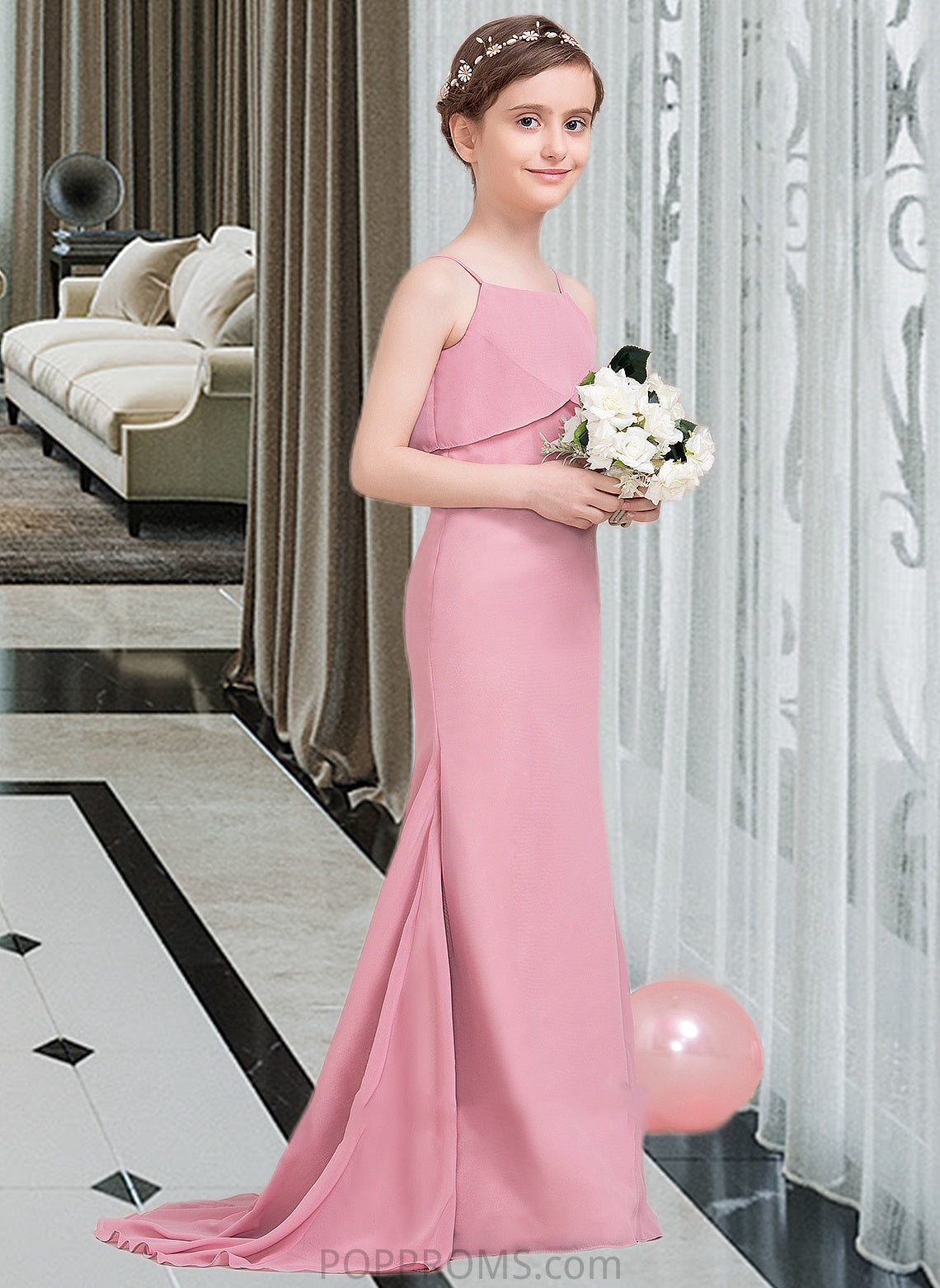 Leyla Trumpet/Mermaid Square Neckline Sweep Train Chiffon Junior Bridesmaid Dress With Cascading Ruffles PP6P0013518