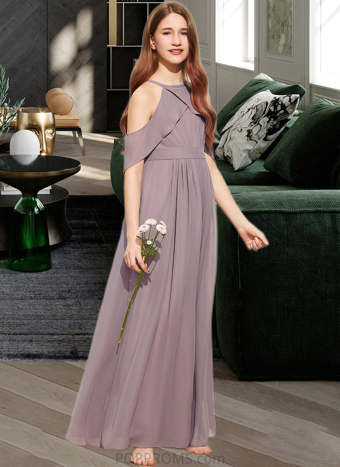 Jane A-Line Scoop Neck Floor-Length Chiffon Junior Bridesmaid Dress With Ruffle PP6P0013521