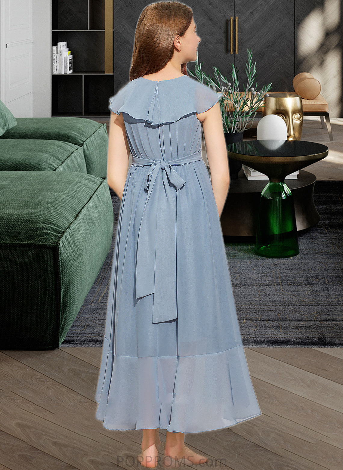 Ryann A-Line V-neck Asymmetrical Chiffon Junior Bridesmaid Dress With Bow(s) Cascading Ruffles PP6P0013522