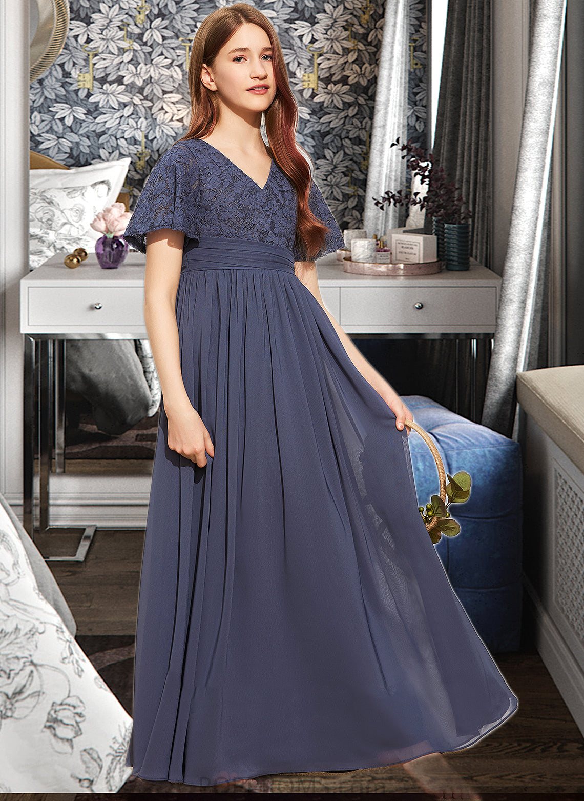 Catalina A-Line V-neck Floor-Length Chiffon Lace Junior Bridesmaid Dress With Bow(s) PP6P0013523