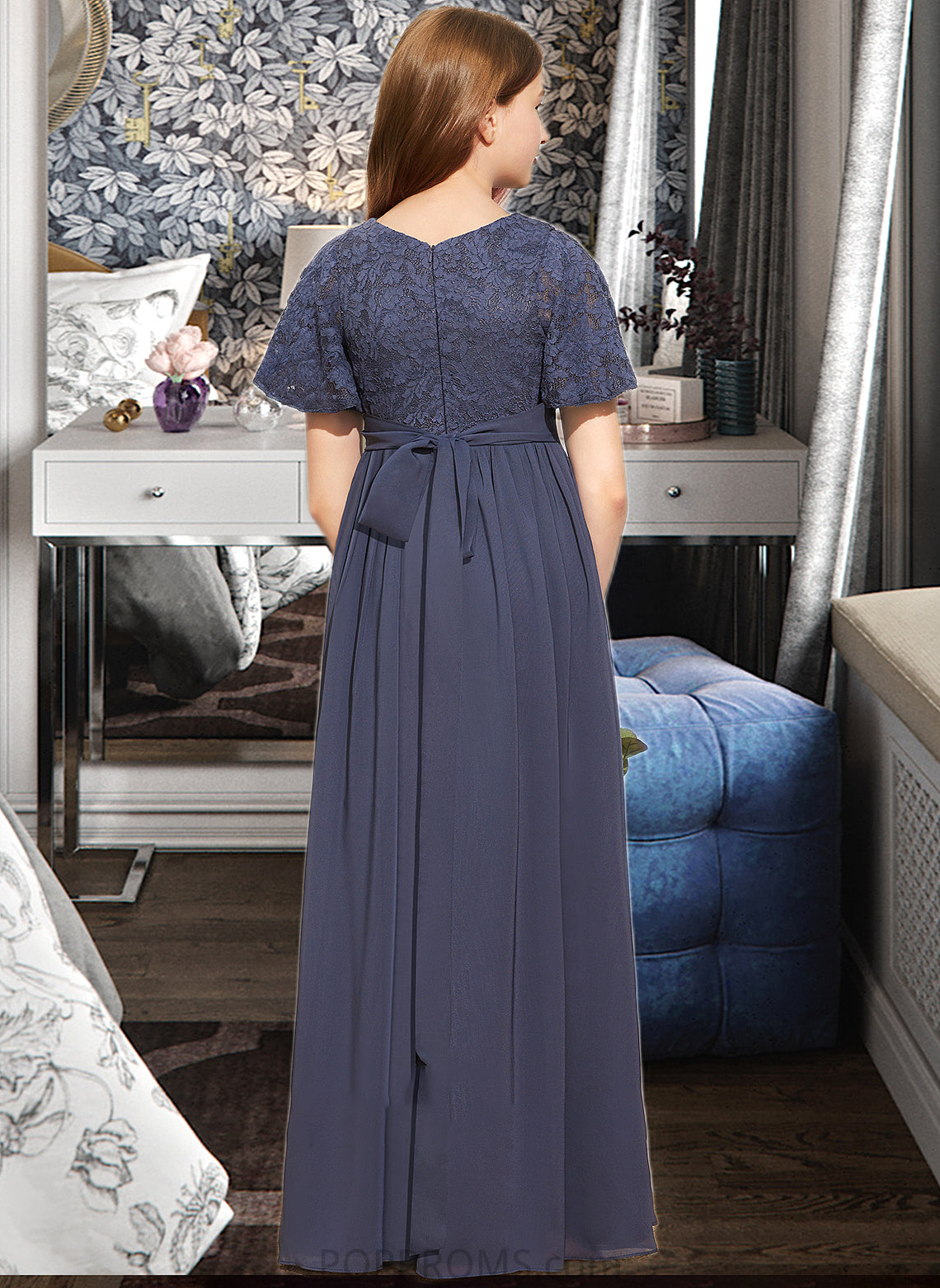 Catalina A-Line V-neck Floor-Length Chiffon Lace Junior Bridesmaid Dress With Bow(s) PP6P0013523