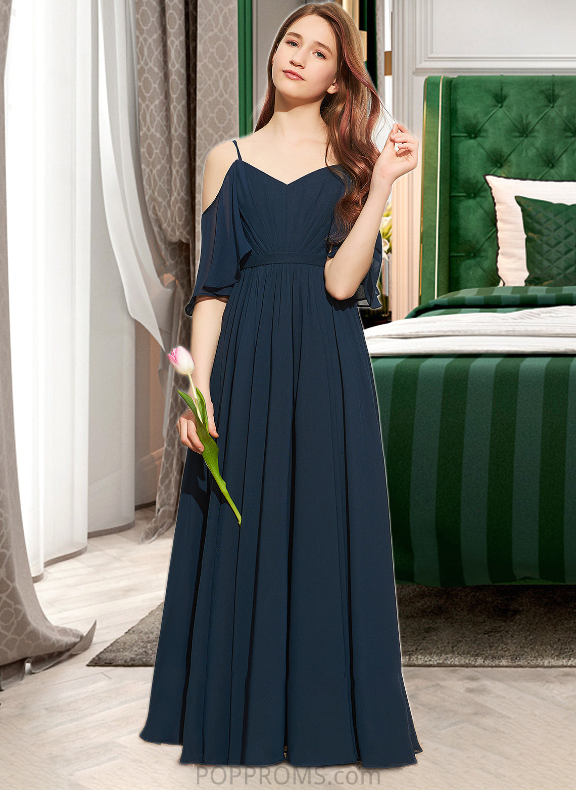 Rosalie A-Line Off-the-Shoulder Floor-Length Chiffon Junior Bridesmaid Dress With Ruffle PP6P0013524