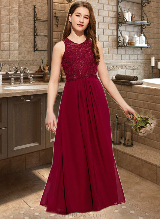 Janelle A-Line Scoop Neck Floor-Length Chiffon Lace Junior Bridesmaid Dress With Sequins PP6P0013525