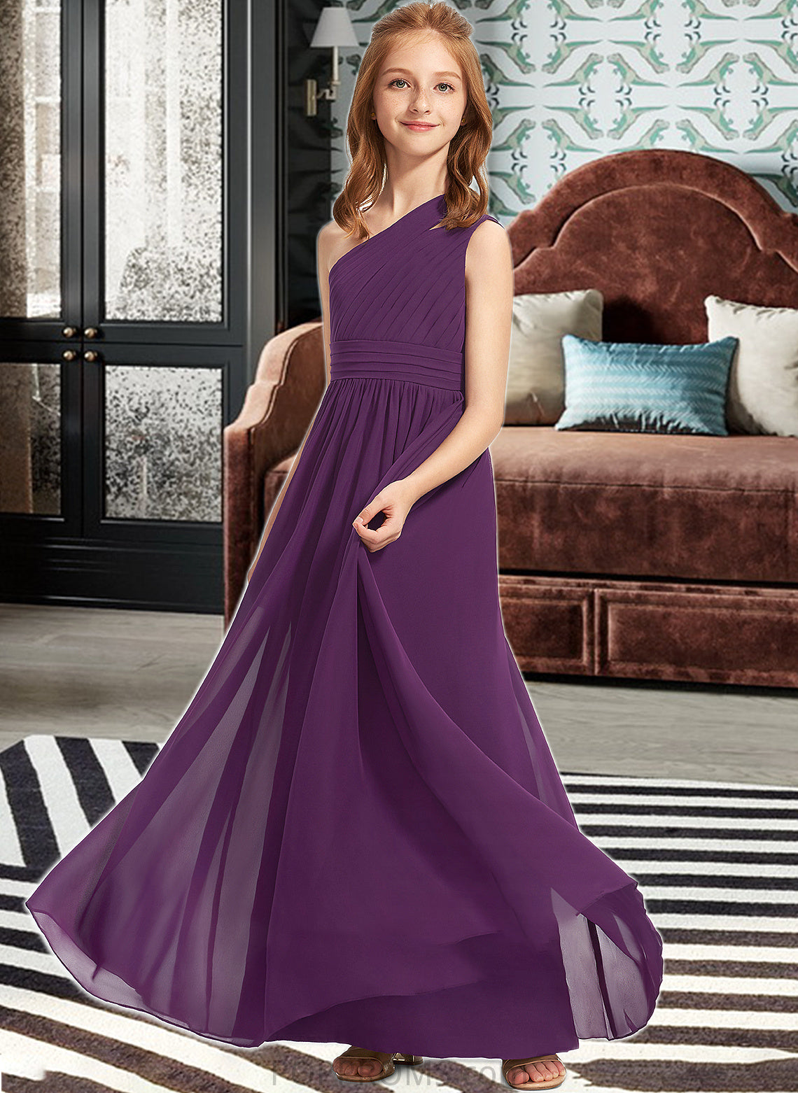 Chloe A-Line One-Shoulder Floor-Length Chiffon Junior Bridesmaid Dress With Ruffle PP6P0013527