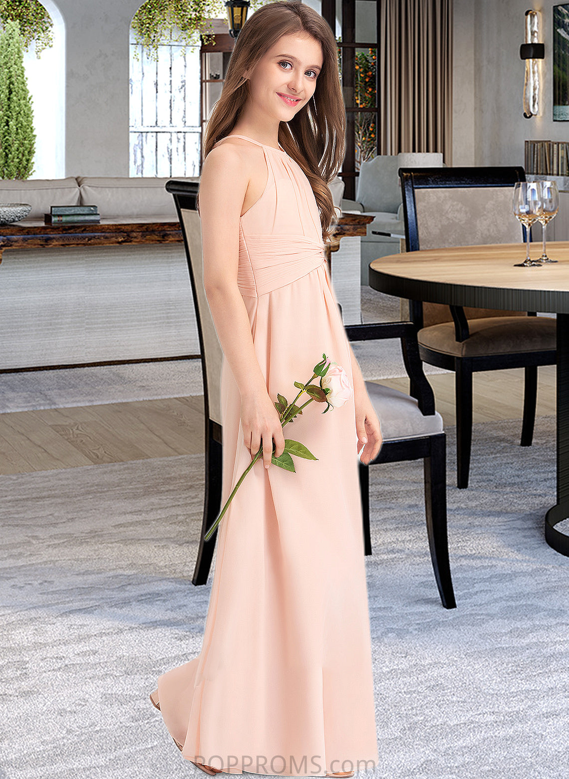 Silvia A-Line Scoop Neck Floor-Length Chiffon Junior Bridesmaid Dress With Ruffle PP6P0013528