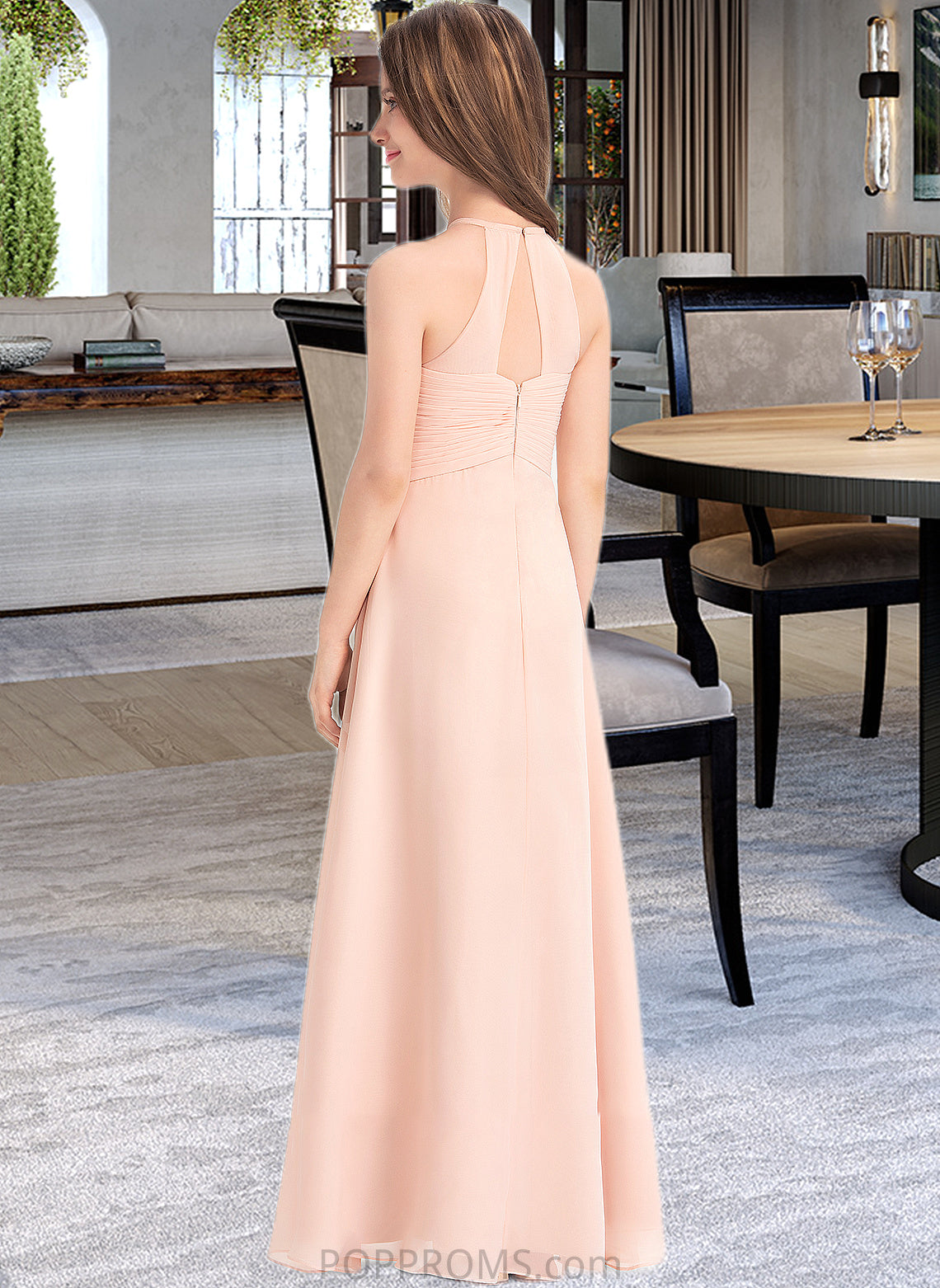 Silvia A-Line Scoop Neck Floor-Length Chiffon Junior Bridesmaid Dress With Ruffle PP6P0013528