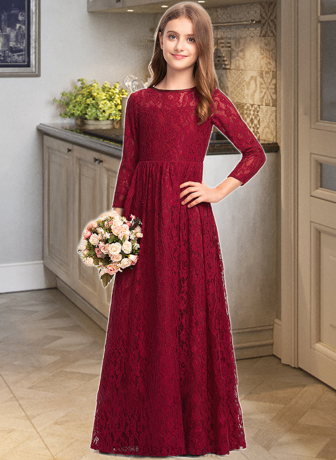 Jordyn A-Line Scoop Neck Floor-Length Lace Junior Bridesmaid Dress PP6P0013529