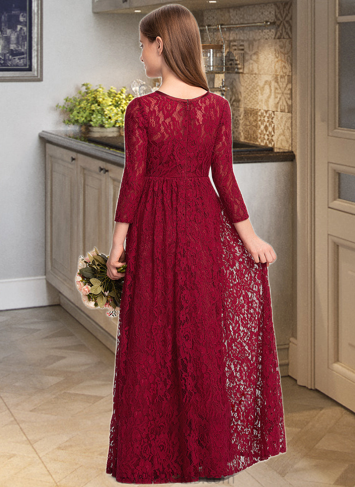 Jordyn A-Line Scoop Neck Floor-Length Lace Junior Bridesmaid Dress PP6P0013529