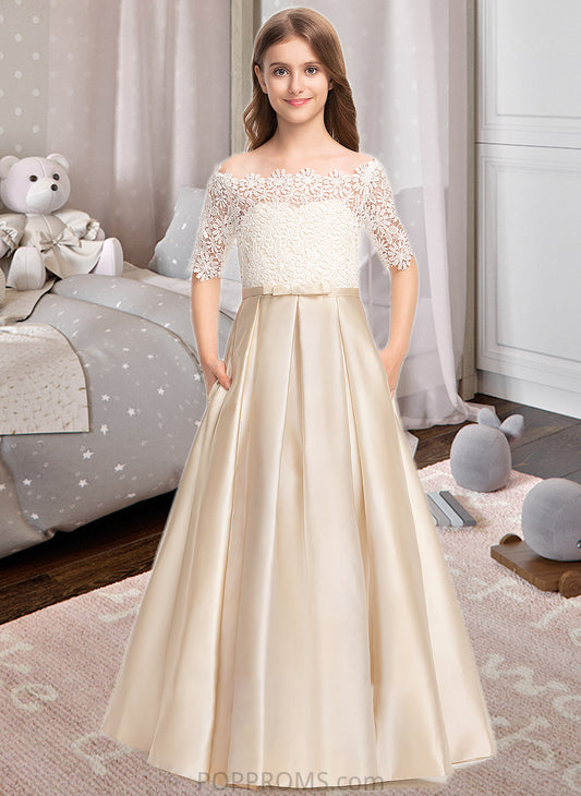 Taryn Ball-Gown/Princess Off-the-Shoulder Floor-Length Satin Lace Junior Bridesmaid Dress With Bow(s) Pockets PP6P0013530