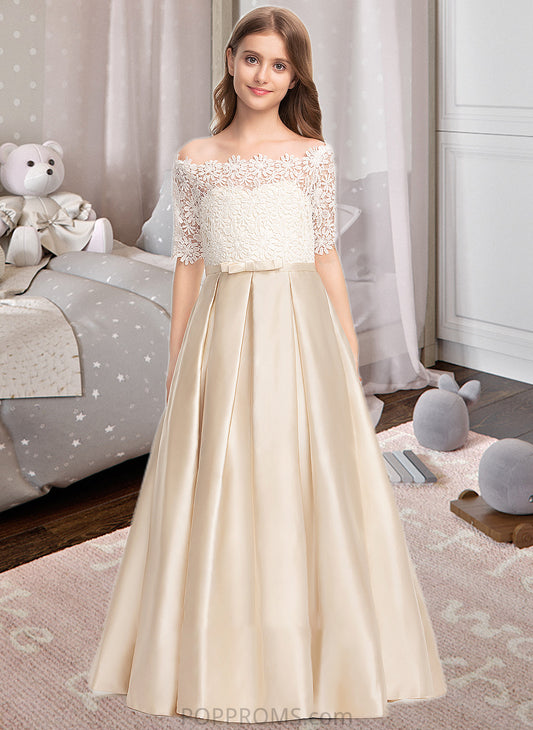 Taryn Ball-Gown/Princess Off-the-Shoulder Floor-Length Satin Lace Junior Bridesmaid Dress With Bow(s) Pockets PP6P0013530