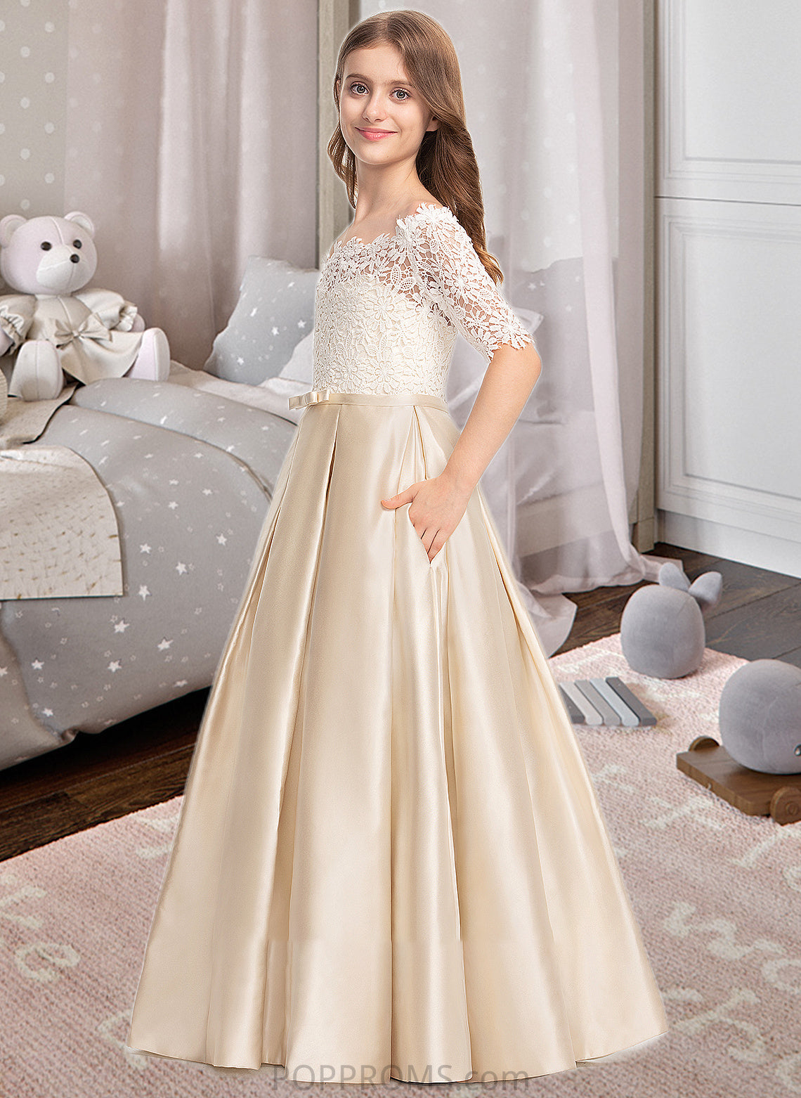 Taryn Ball-Gown/Princess Off-the-Shoulder Floor-Length Satin Lace Junior Bridesmaid Dress With Bow(s) Pockets PP6P0013530