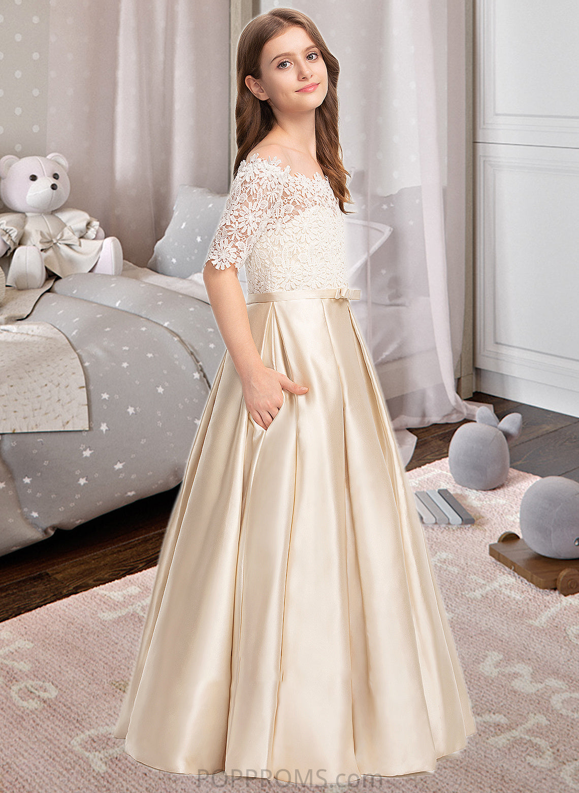 Taryn Ball-Gown/Princess Off-the-Shoulder Floor-Length Satin Lace Junior Bridesmaid Dress With Bow(s) Pockets PP6P0013530