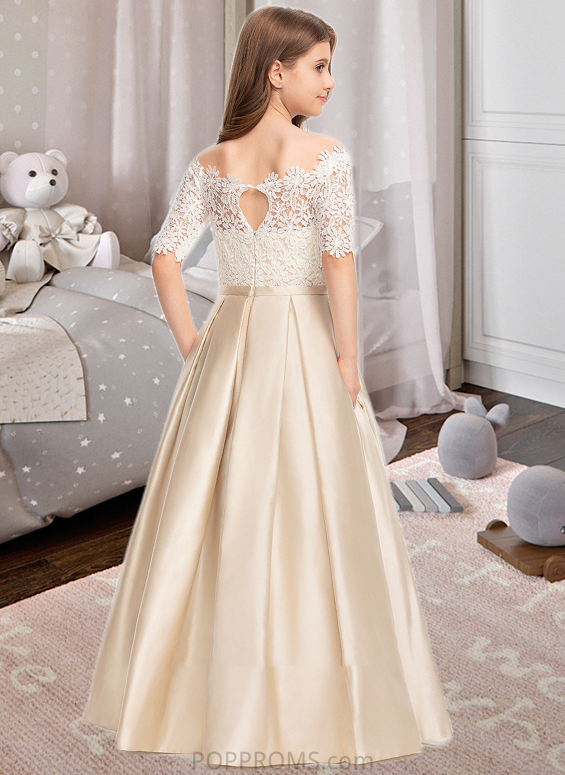 Taryn Ball-Gown/Princess Off-the-Shoulder Floor-Length Satin Lace Junior Bridesmaid Dress With Bow(s) Pockets PP6P0013530