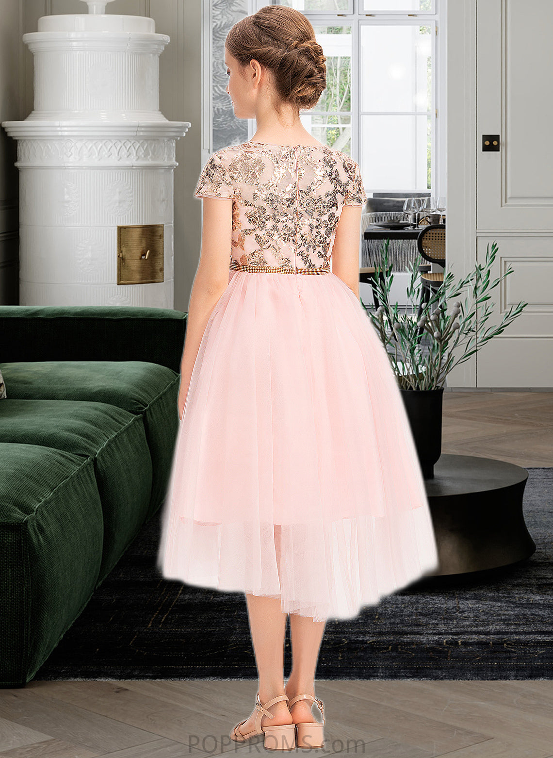 Joslyn A-Line Scoop Neck Asymmetrical Tulle Junior Bridesmaid Dress With Sequins PP6P0013531