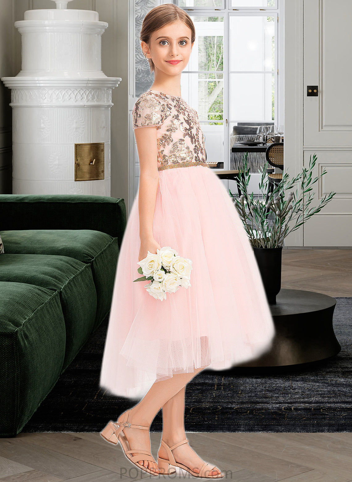 Joslyn A-Line Scoop Neck Asymmetrical Tulle Junior Bridesmaid Dress With Sequins PP6P0013531