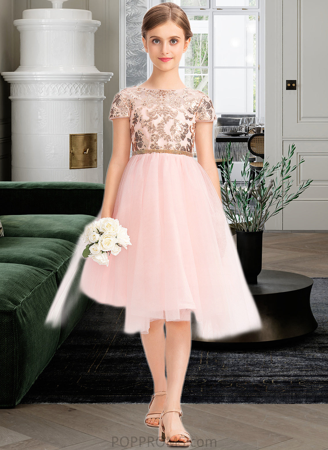 Joslyn A-Line Scoop Neck Asymmetrical Tulle Junior Bridesmaid Dress With Sequins PP6P0013531