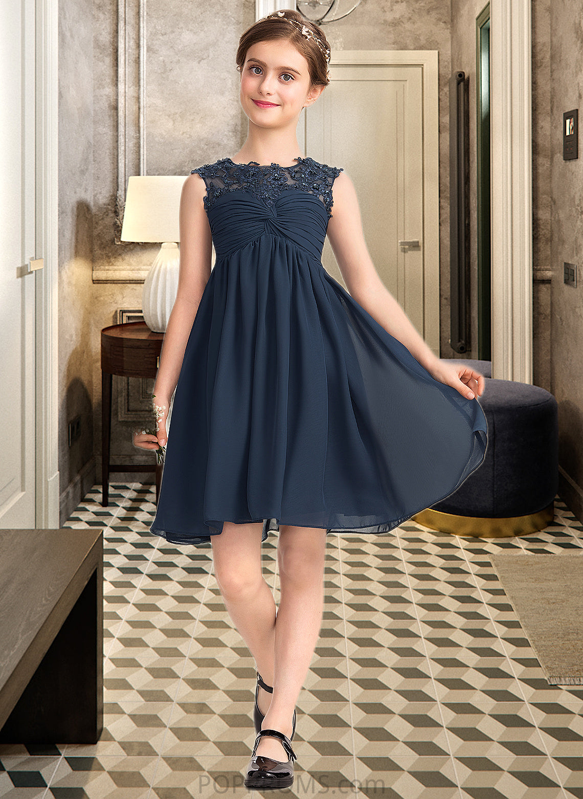 Patricia Empire Scoop Neck Knee-Length Chiffon Lace Junior Bridesmaid Dress With Ruffle Beading Sequins PP6P0013532