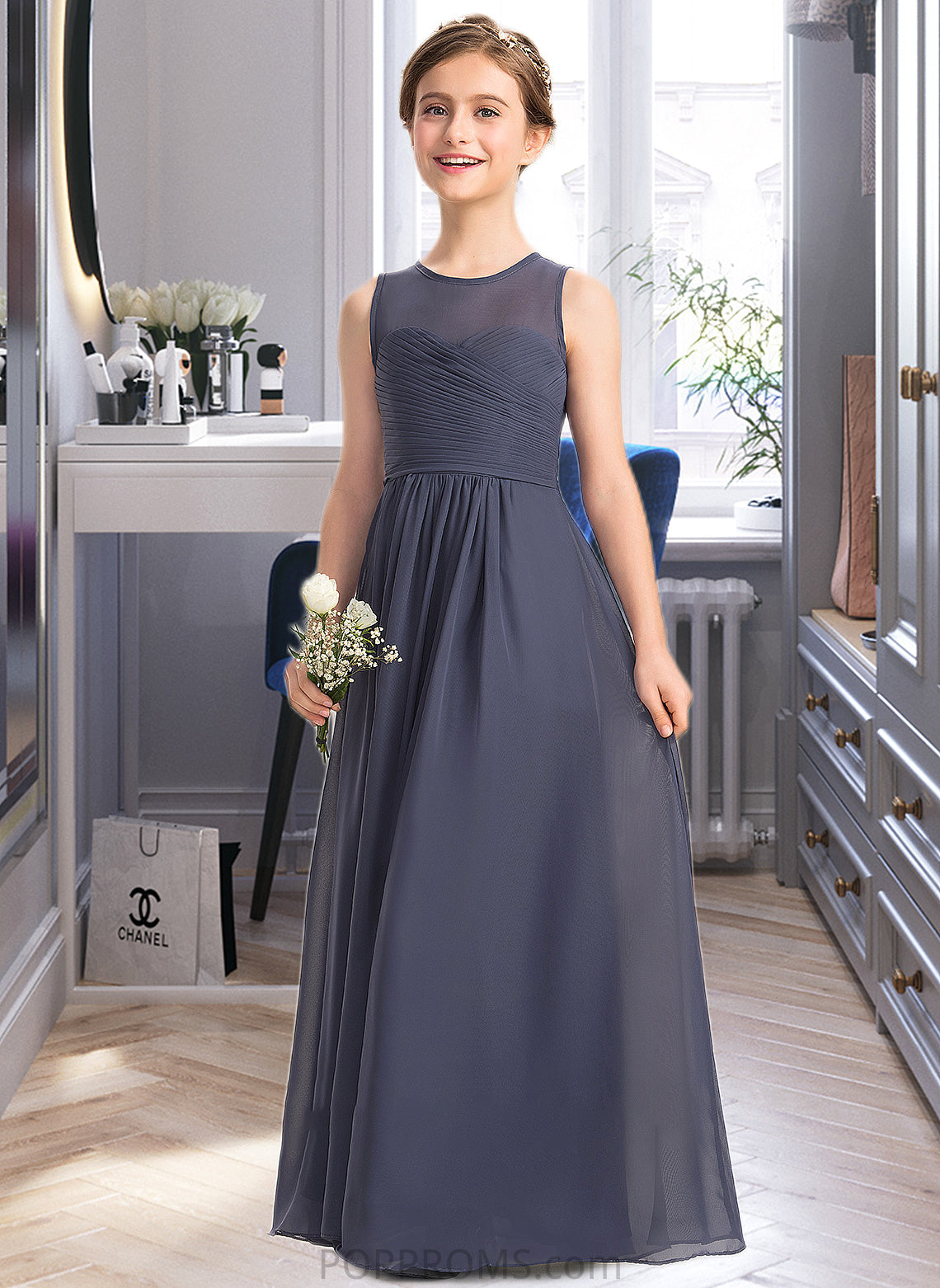 Gia A-Line Scoop Neck Floor-Length Chiffon Junior Bridesmaid Dress With Ruffle PP6P0013533