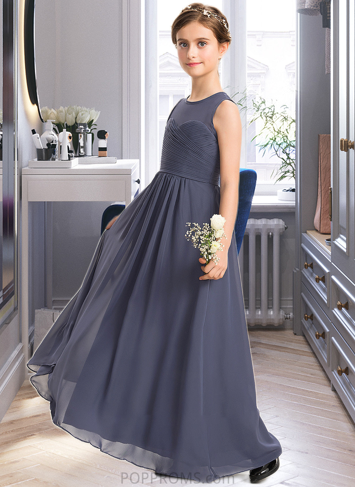 Gia A-Line Scoop Neck Floor-Length Chiffon Junior Bridesmaid Dress With Ruffle PP6P0013533