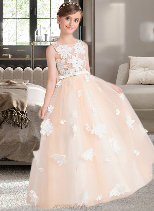 Destiney Ball-Gown/Princess Scoop Neck Floor-Length Tulle Junior Bridesmaid Dress With Flower(s) Bow(s) PP6P0013534