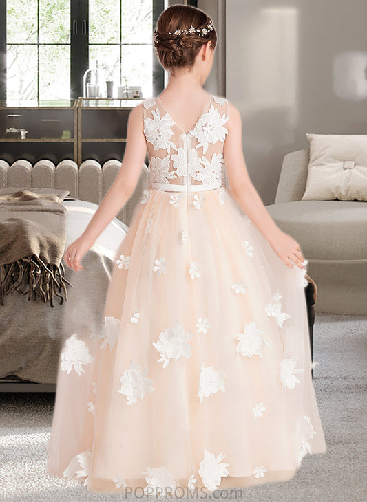 Destiney Ball-Gown/Princess Scoop Neck Floor-Length Tulle Junior Bridesmaid Dress With Flower(s) Bow(s) PP6P0013534