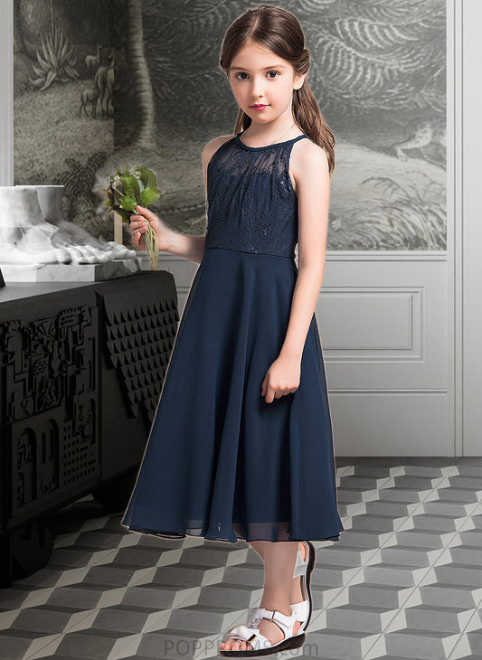 Mariela A-Line Scoop Neck Tea-Length Chiffon Lace Junior Bridesmaid Dress With Ruffle PP6P0013536