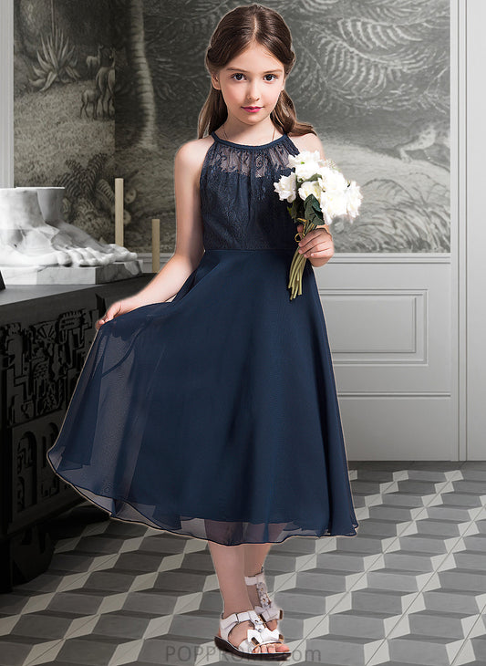 Mariela A-Line Scoop Neck Tea-Length Chiffon Lace Junior Bridesmaid Dress With Ruffle PP6P0013536