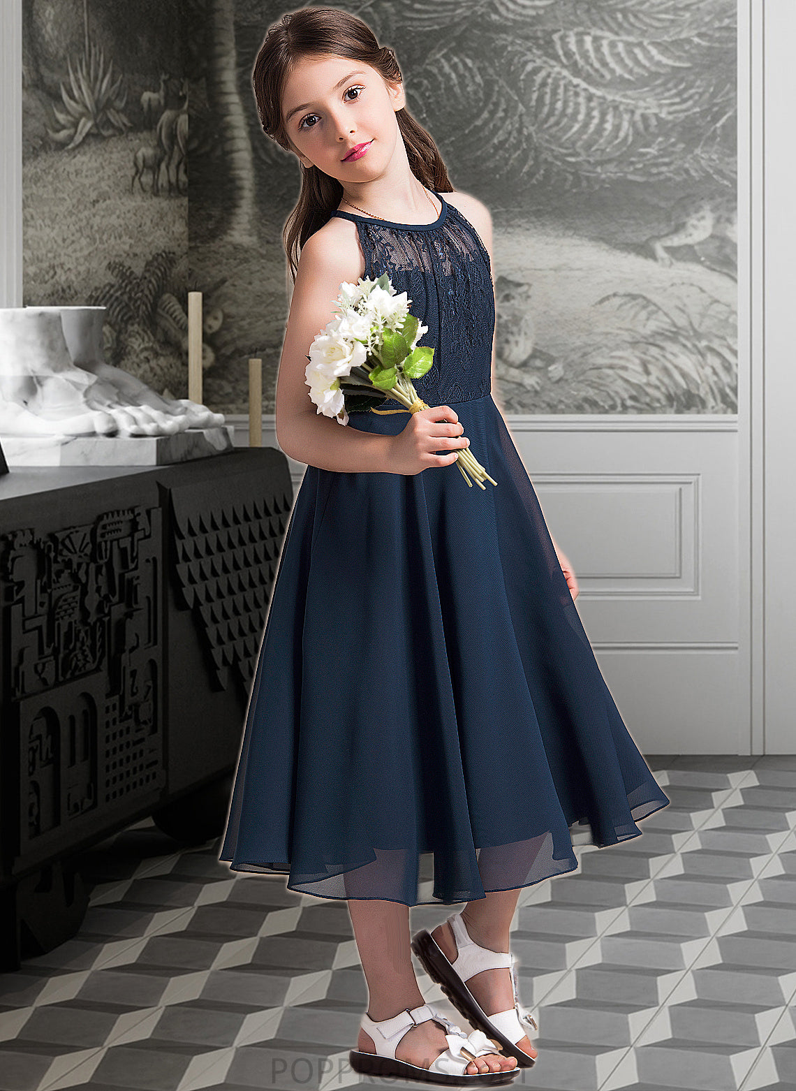 Mariela A-Line Scoop Neck Tea-Length Chiffon Lace Junior Bridesmaid Dress With Ruffle PP6P0013536