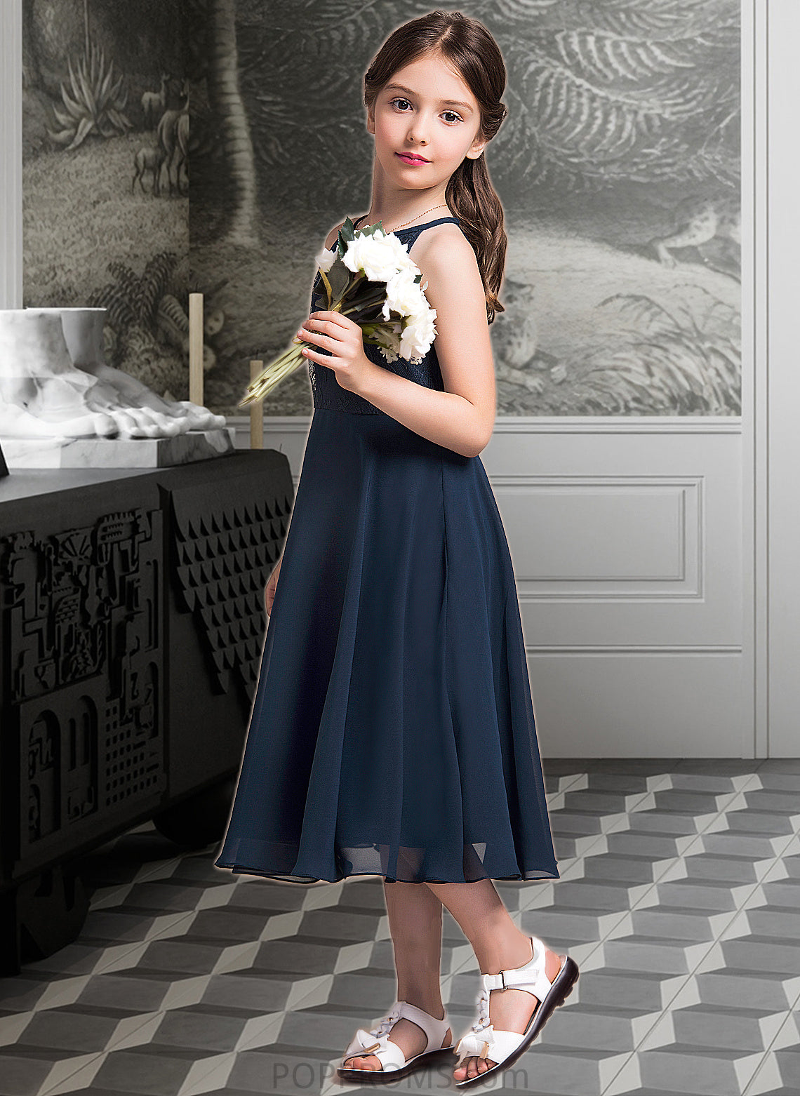 Mariela A-Line Scoop Neck Tea-Length Chiffon Lace Junior Bridesmaid Dress With Ruffle PP6P0013536