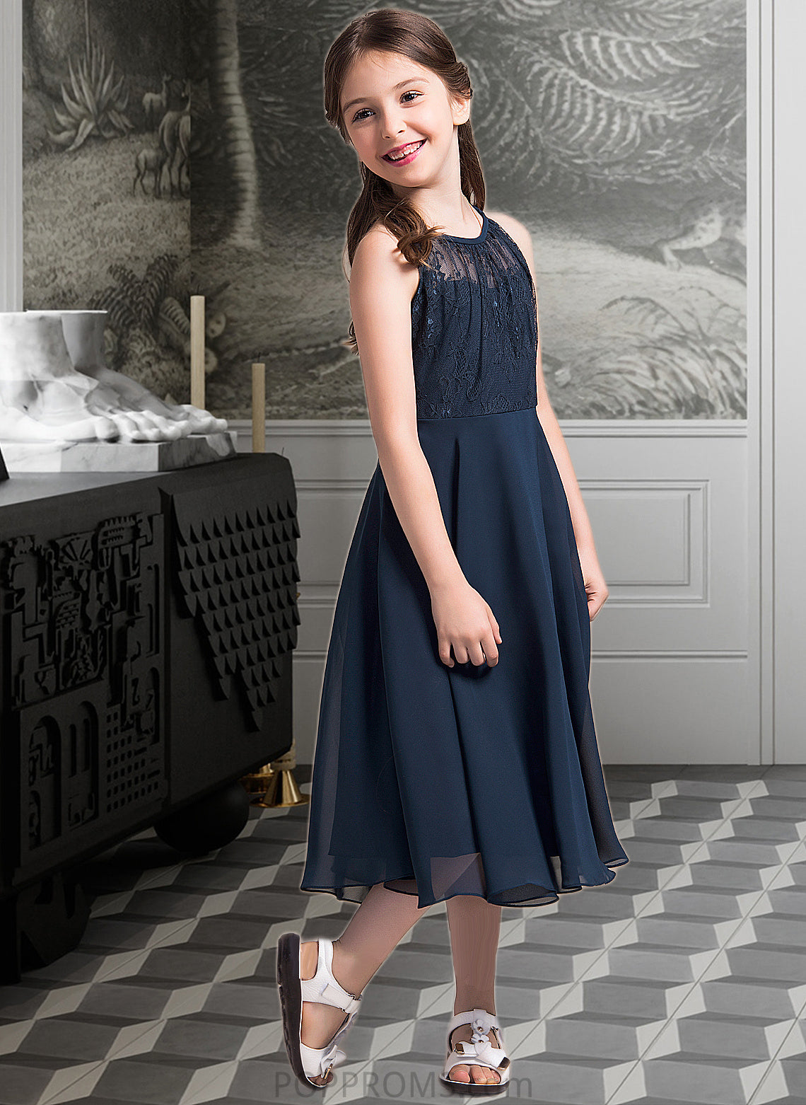 Mariela A-Line Scoop Neck Tea-Length Chiffon Lace Junior Bridesmaid Dress With Ruffle PP6P0013536