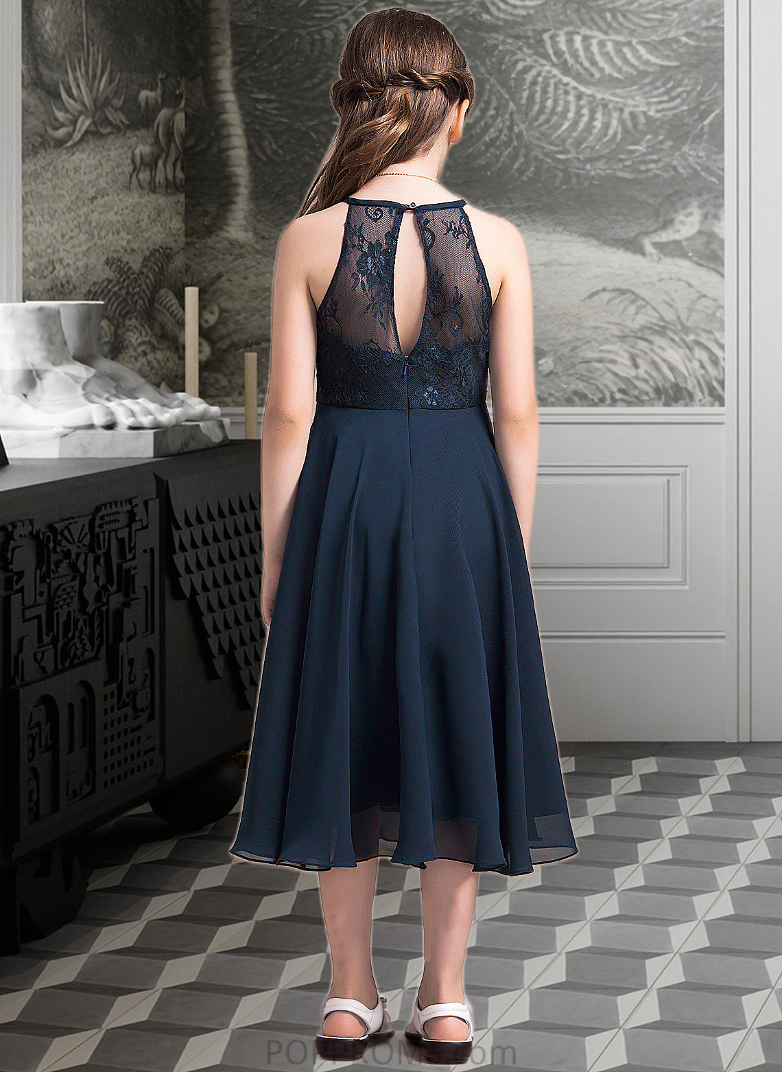 Mariela A-Line Scoop Neck Tea-Length Chiffon Lace Junior Bridesmaid Dress With Ruffle PP6P0013536