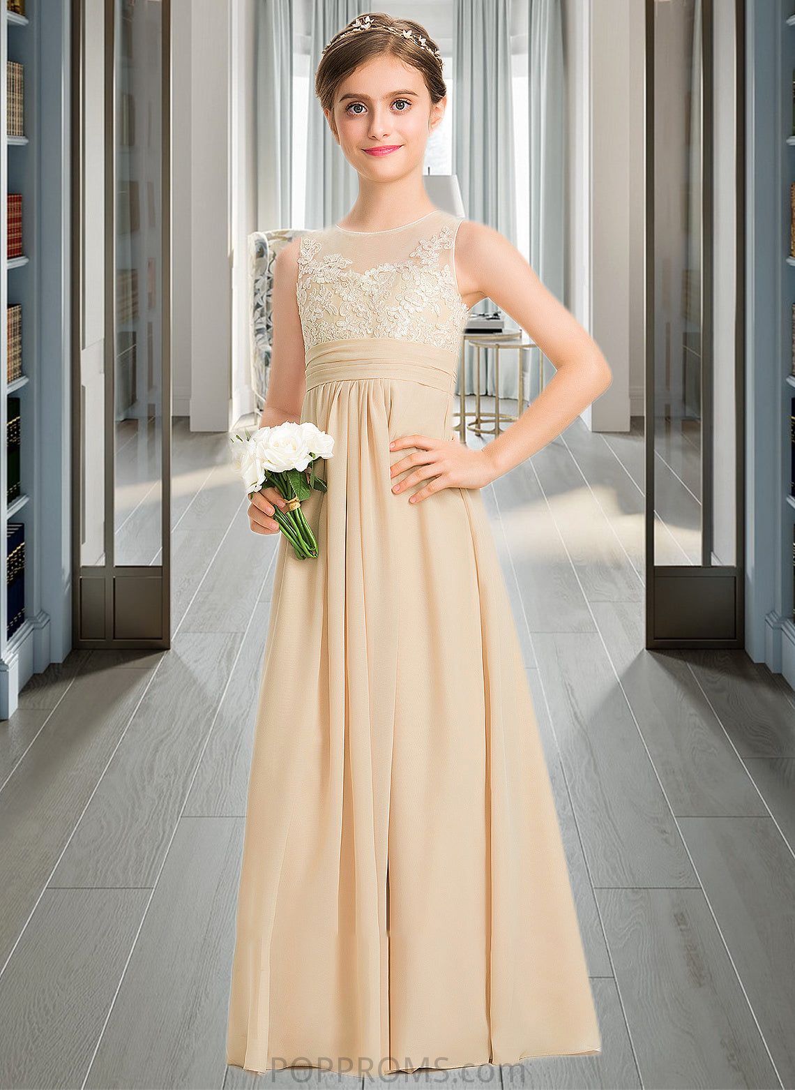 Mandy A-Line Scoop Neck Floor-Length Chiffon Lace Junior Bridesmaid Dress PP6P0013539