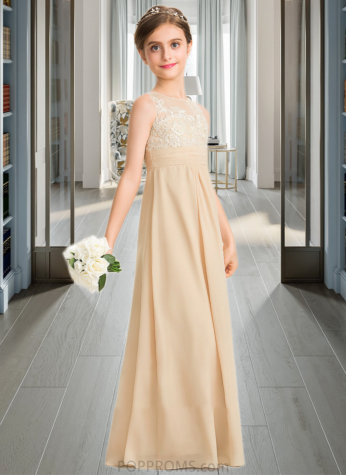 Mandy A-Line Scoop Neck Floor-Length Chiffon Lace Junior Bridesmaid Dress PP6P0013539