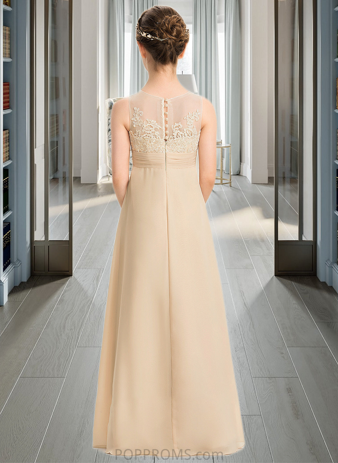 Mandy A-Line Scoop Neck Floor-Length Chiffon Lace Junior Bridesmaid Dress PP6P0013539