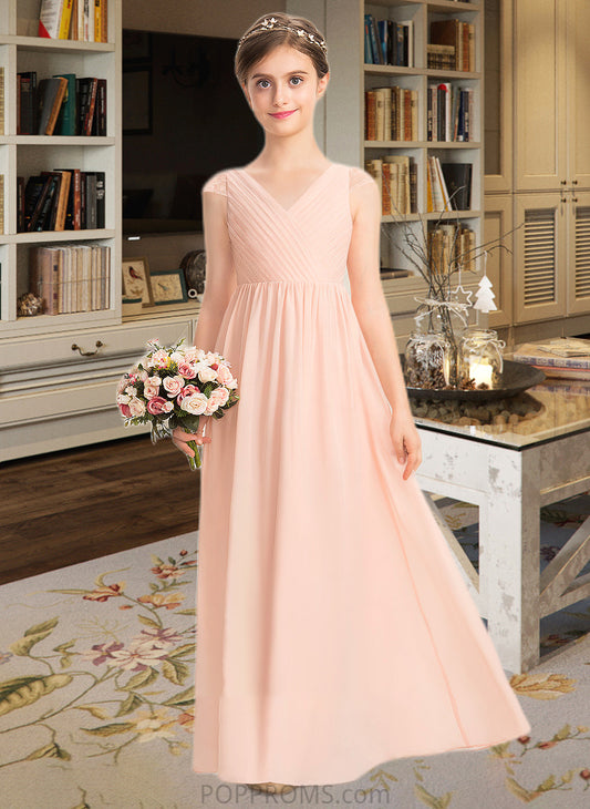 Karen A-Line V-neck Floor-Length Chiffon Lace Junior Bridesmaid Dress With Ruffle PP6P0013540