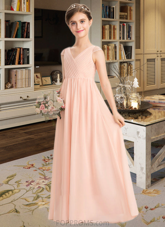 Karen A-Line V-neck Floor-Length Chiffon Lace Junior Bridesmaid Dress With Ruffle PP6P0013540