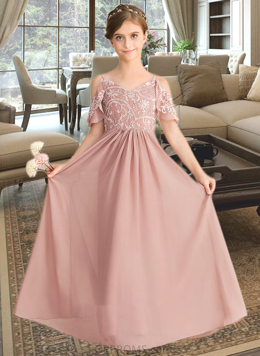 Alexus A-Line V-neck Floor-Length Chiffon Lace Junior Bridesmaid Dress PP6P0013541