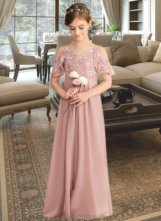 Alexus A-Line V-neck Floor-Length Chiffon Lace Junior Bridesmaid Dress PP6P0013541