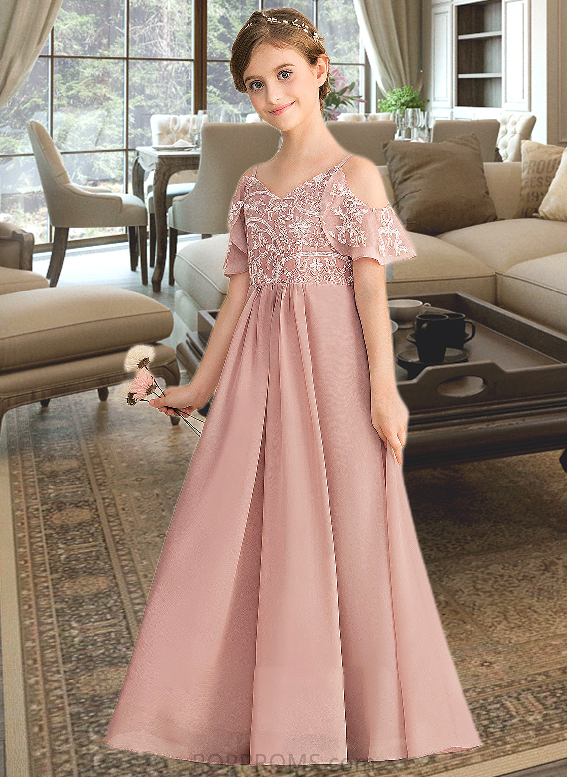 Alexus A-Line V-neck Floor-Length Chiffon Lace Junior Bridesmaid Dress PP6P0013541