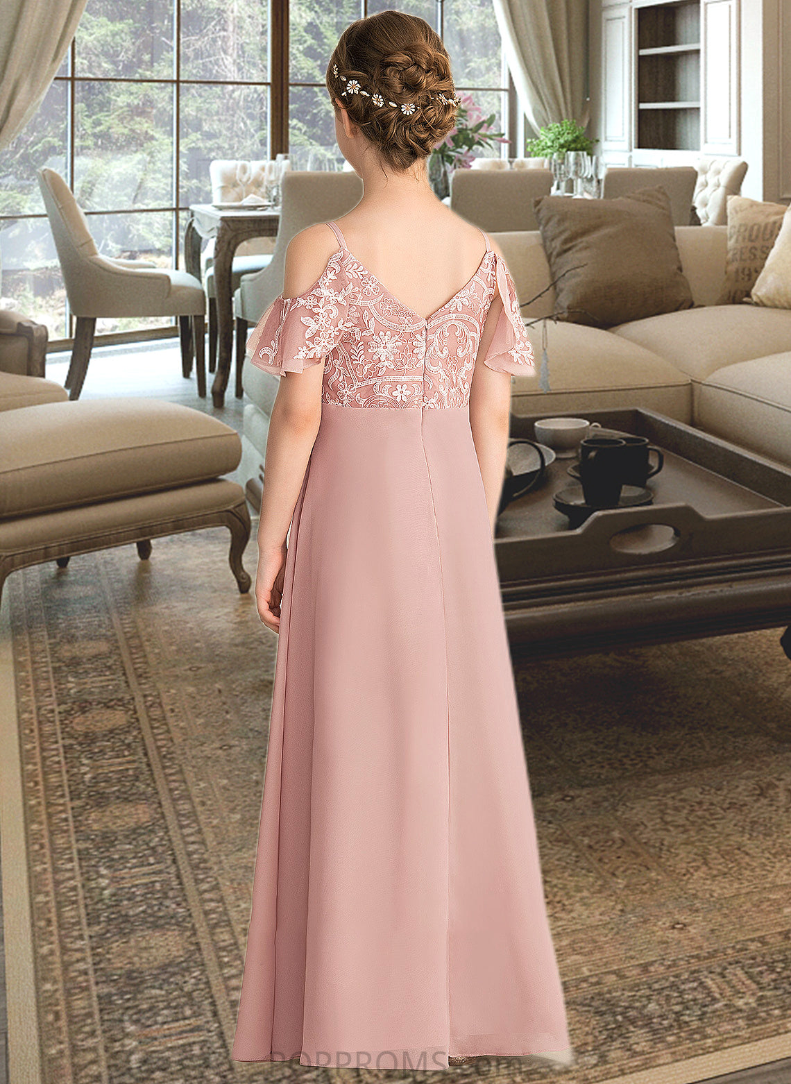 Alexus A-Line V-neck Floor-Length Chiffon Lace Junior Bridesmaid Dress PP6P0013541