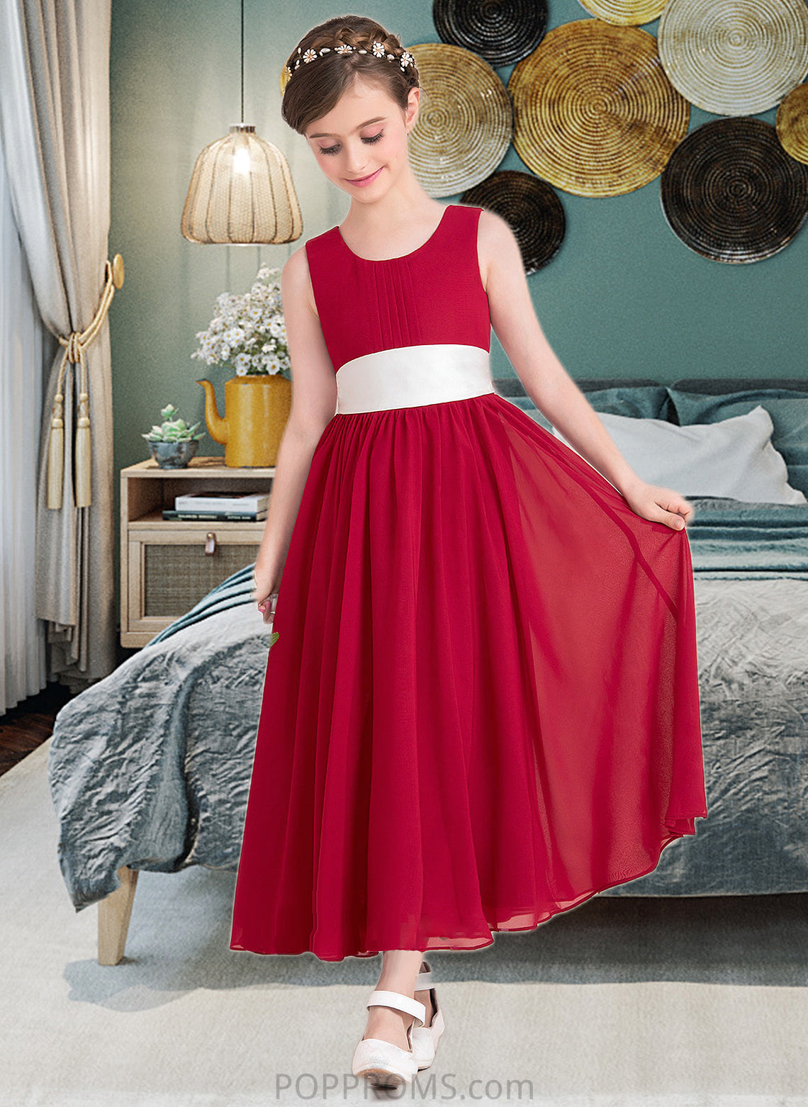 Alissa Empire A-Line Scoop Neck Ankle-Length Chiffon Junior Bridesmaid Dress With Sash Bow(s) PP6P0013542