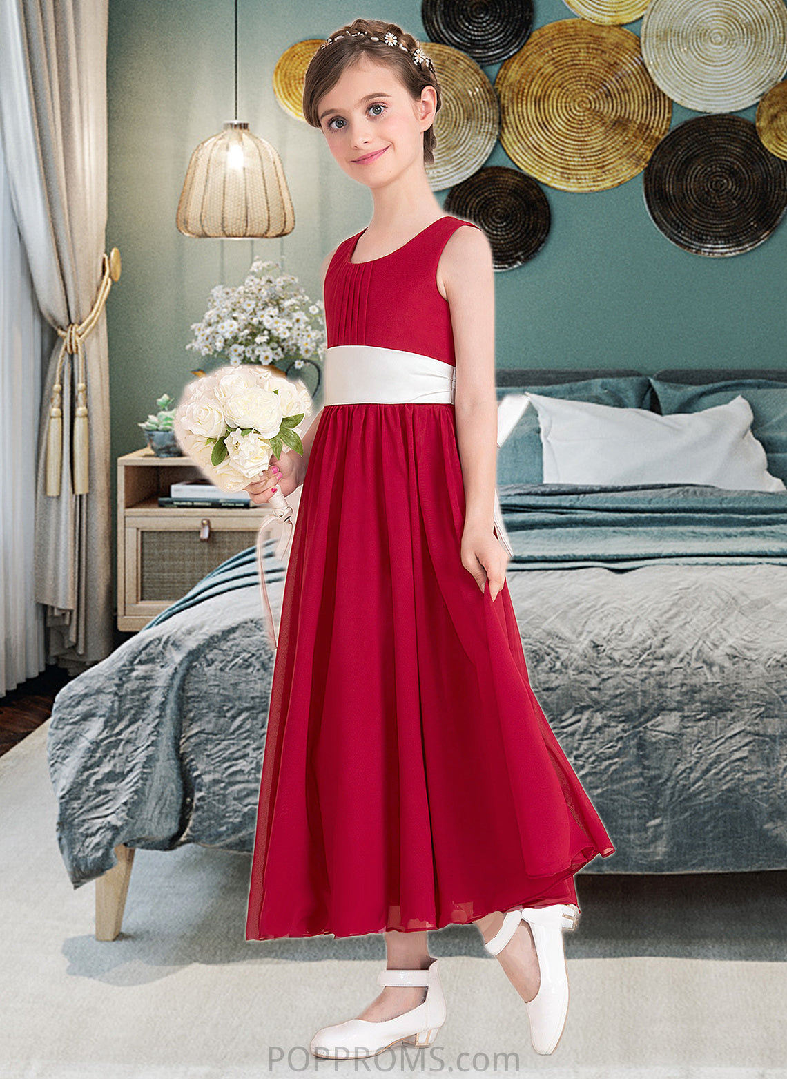 Alissa Empire A-Line Scoop Neck Ankle-Length Chiffon Junior Bridesmaid Dress With Sash Bow(s) PP6P0013542