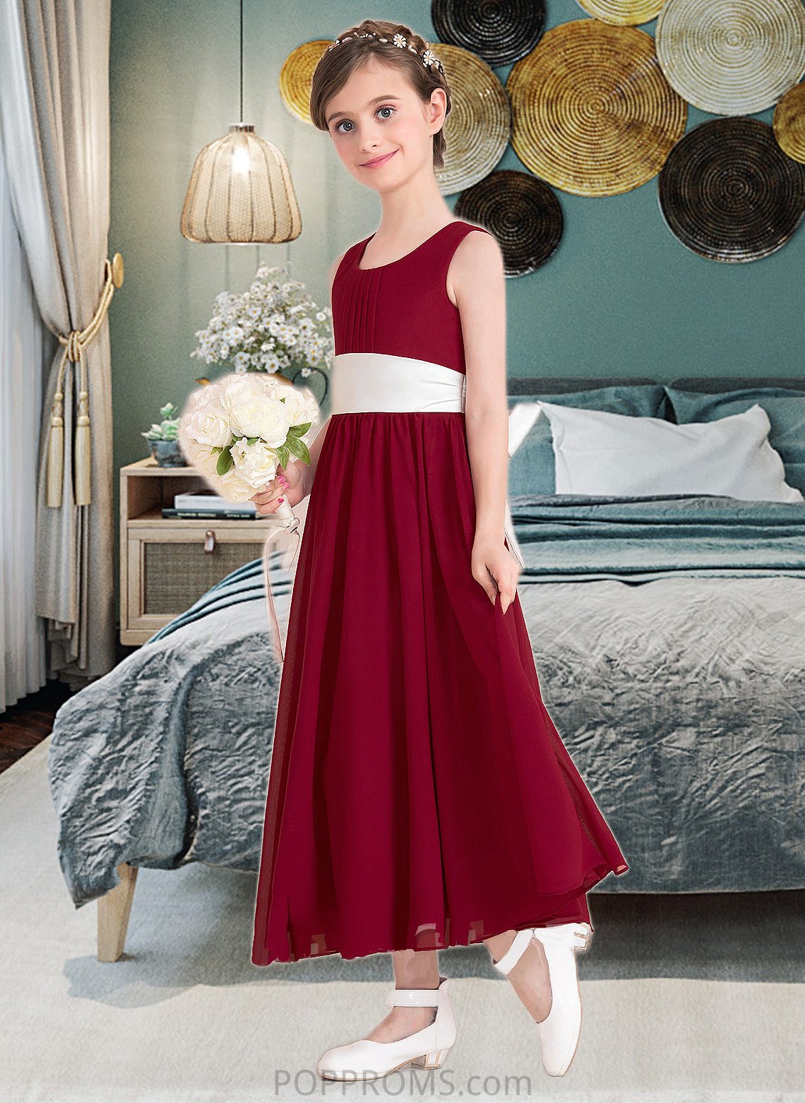 Alissa Empire A-Line Scoop Neck Ankle-Length Chiffon Junior Bridesmaid Dress With Sash Bow(s) PP6P0013542