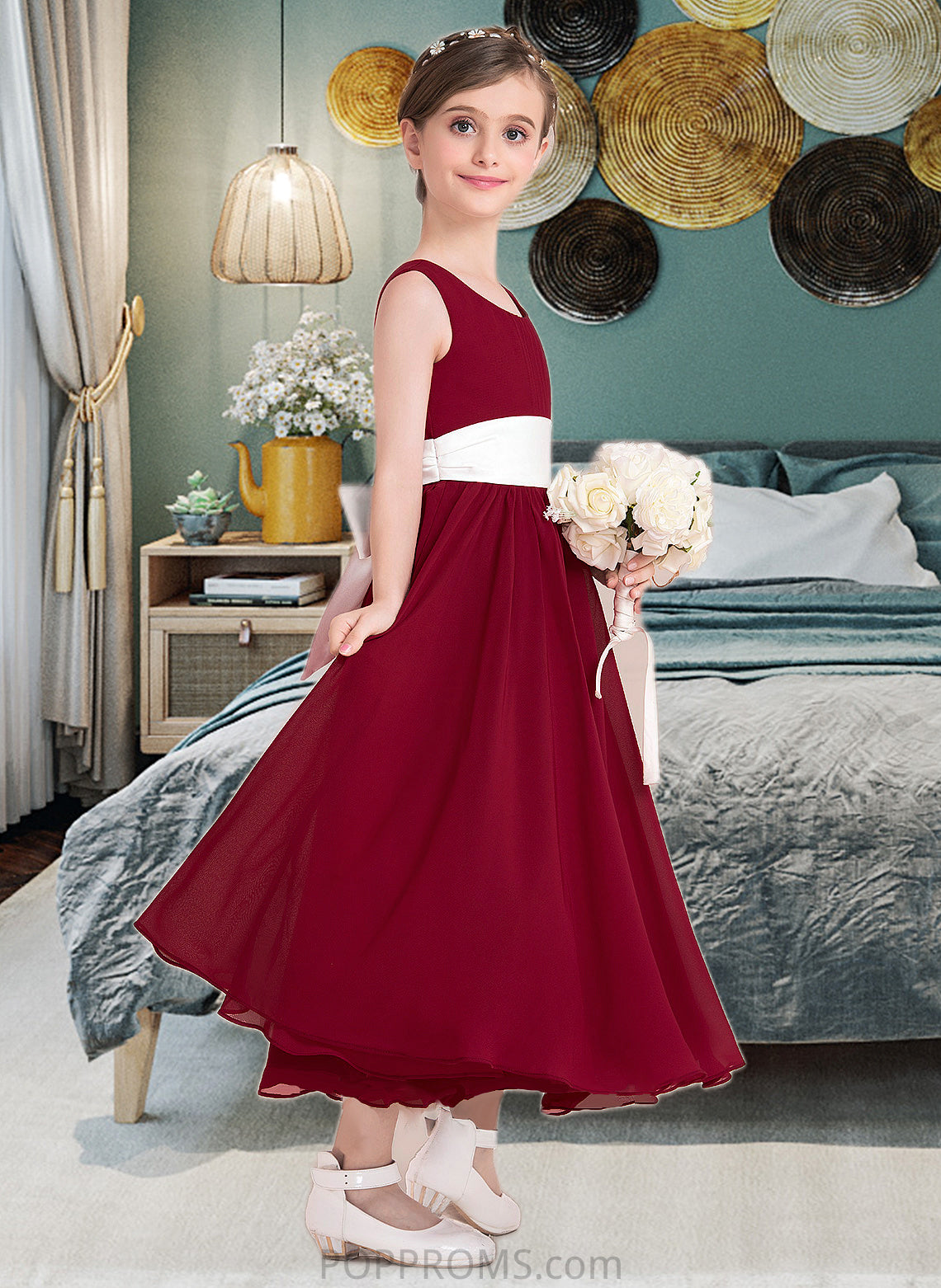 Alissa Empire A-Line Scoop Neck Ankle-Length Chiffon Junior Bridesmaid Dress With Sash Bow(s) PP6P0013542