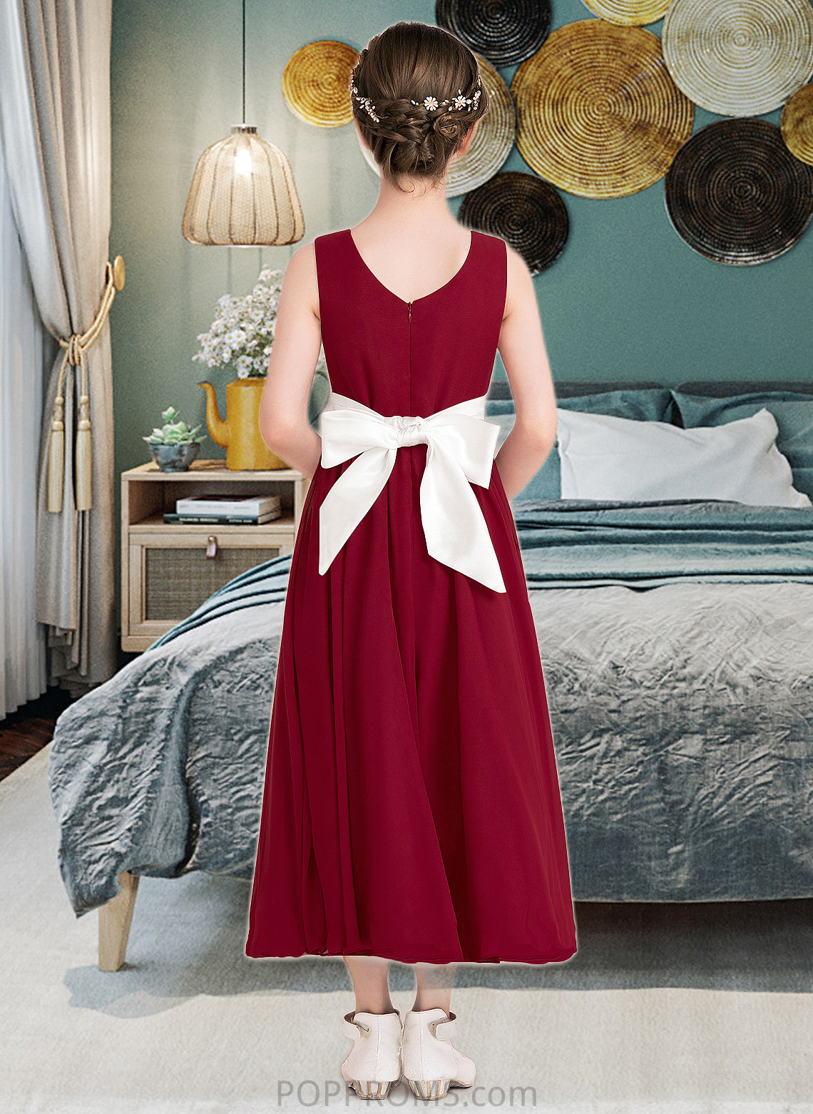 Alissa Empire A-Line Scoop Neck Ankle-Length Chiffon Junior Bridesmaid Dress With Sash Bow(s) PP6P0013542