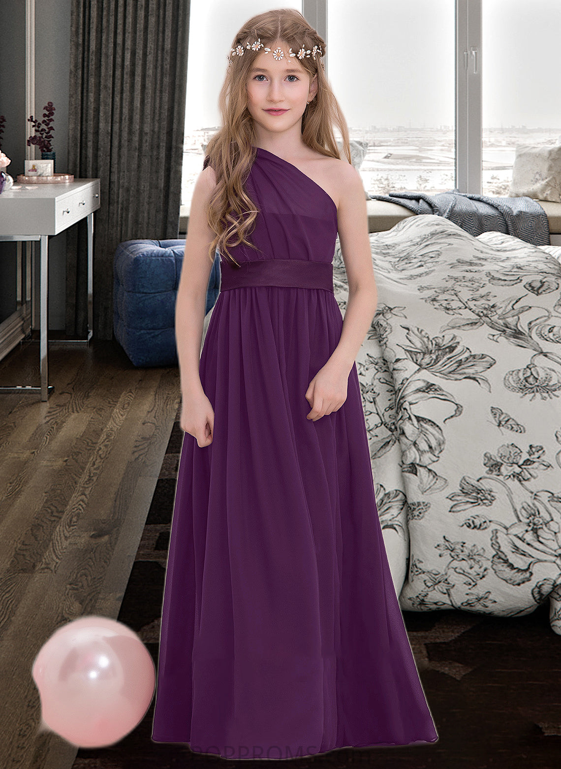 Adyson A-Line One-Shoulder Floor-Length Chiffon Junior Bridesmaid Dress With Ruffle PP6P0013544